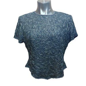 Papell Boutique Evening Women's Black Short Sleeve Beaded Top Large